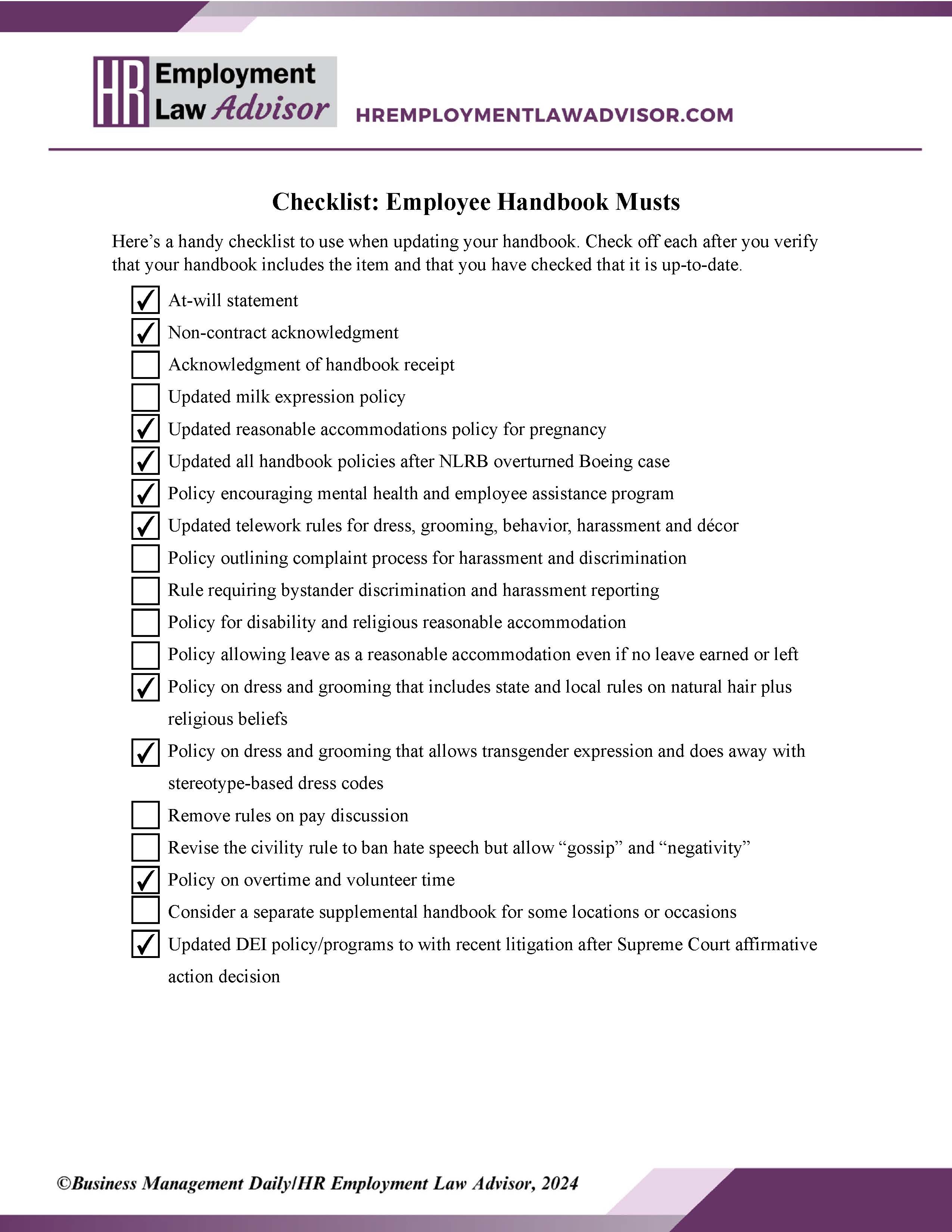 employee-handbook-checklist-sample